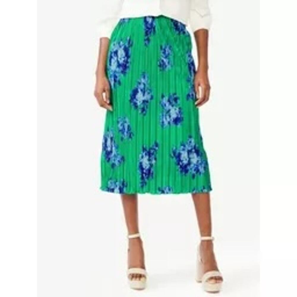 Scoop Green Blue Floral Pleated Midi Skirt Size Medium (8-10)
